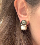 Double Cushion Green Quartz Earrings with Detachable Pearls