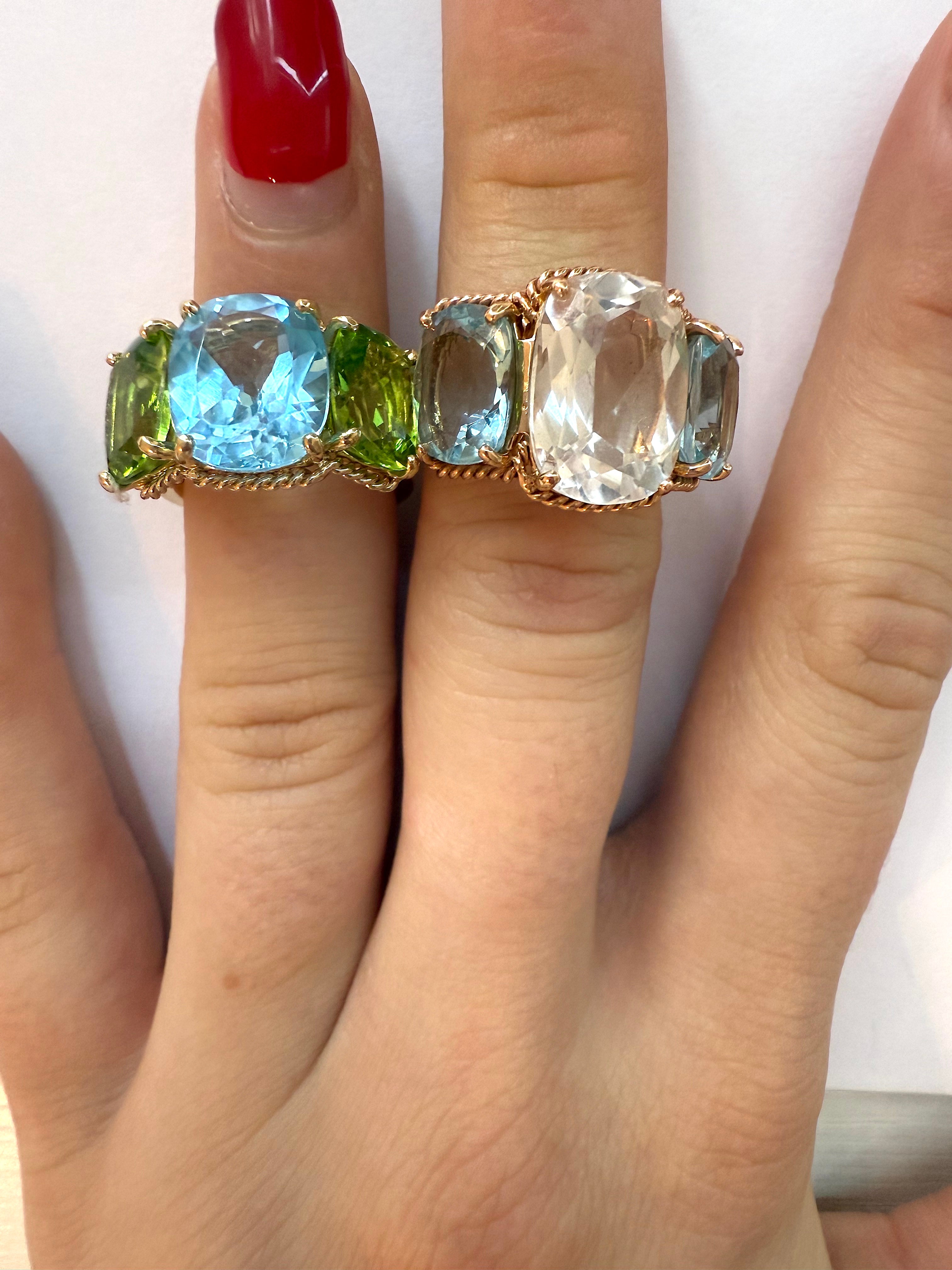 Mini Blue Topaz and Peridot Three Stone Ring with Rope Twist Border