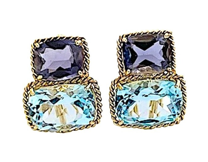 18kt Yellow Gold Medium Cushion Cut Earring with Rope Twist Border with Iolite and Blue Topaz
