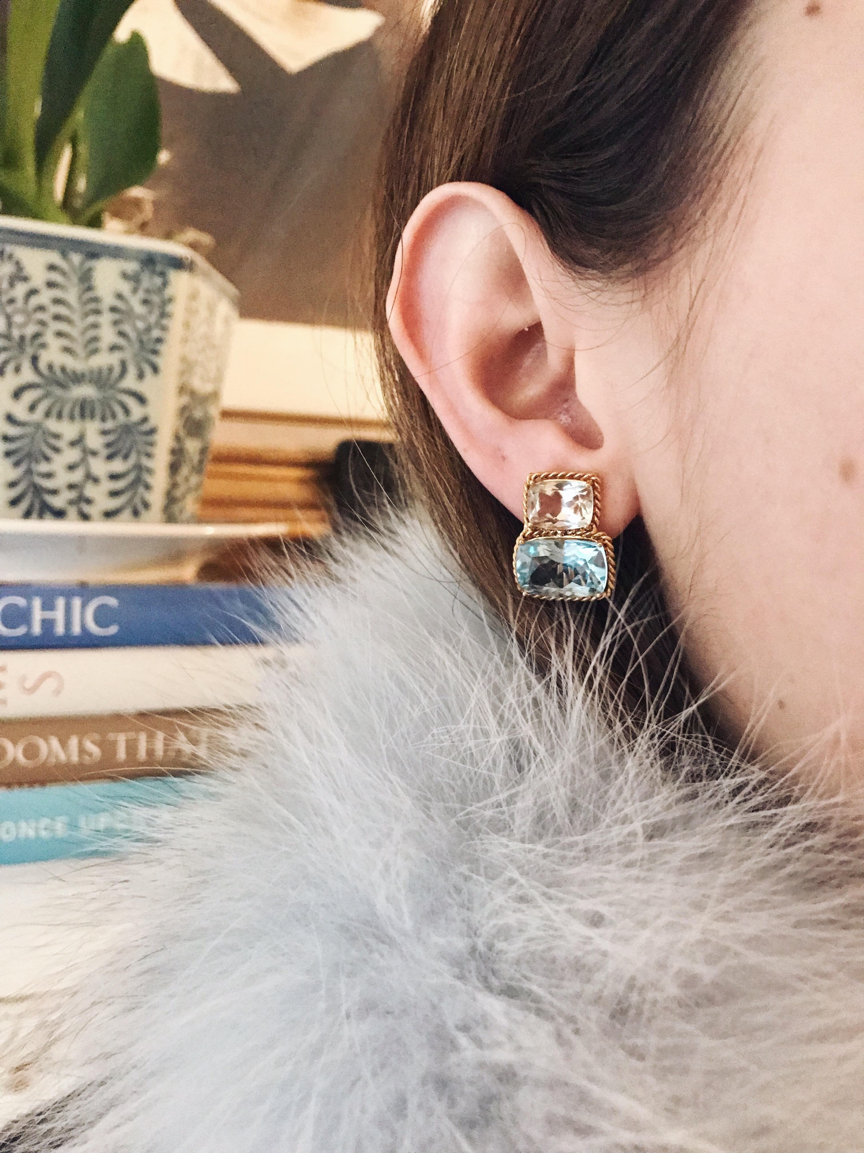 18kt Yellow Gold Green Amethyst & Blue Topaz Cushion Earrings with Twisted Rope Border