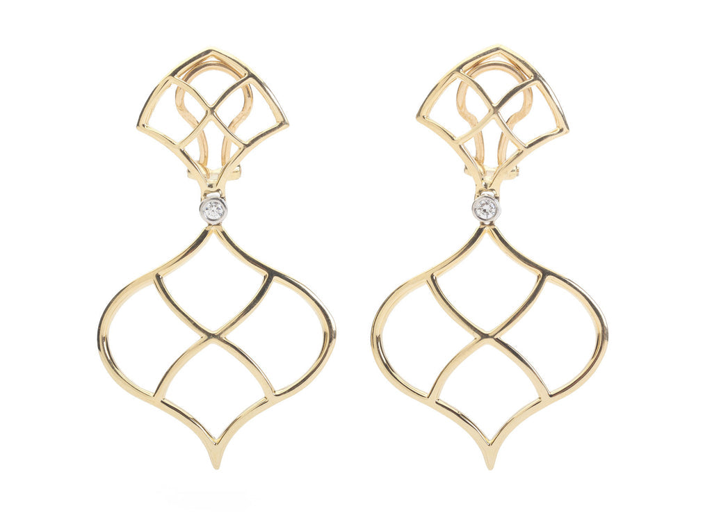 Large 18kt Yellow Gold Abalone Cushion and pear shaped Drop Earrings with Twisted Gold Detail