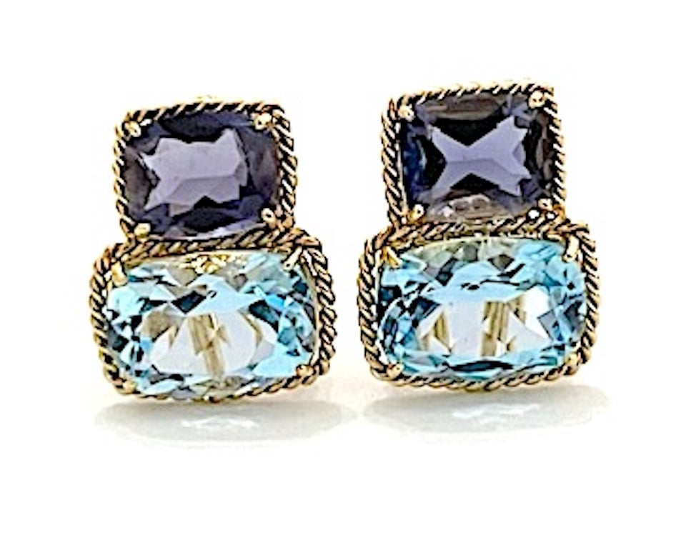 18kt Yellow Gold Medium Cushion Cut Earring with Rope Twist Border with Iolite and Blue Topaz