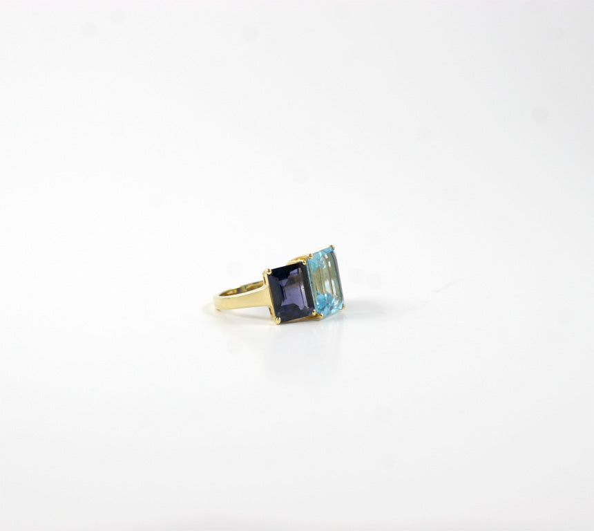 18kt Yellow Gold Emerald Cut Ring with Blue Topaz and Iolite