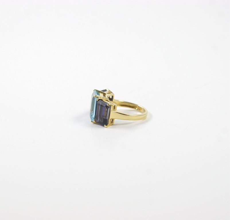 18kt Yellow Gold Emerald Cut Ring with Blue Topaz and Iolite