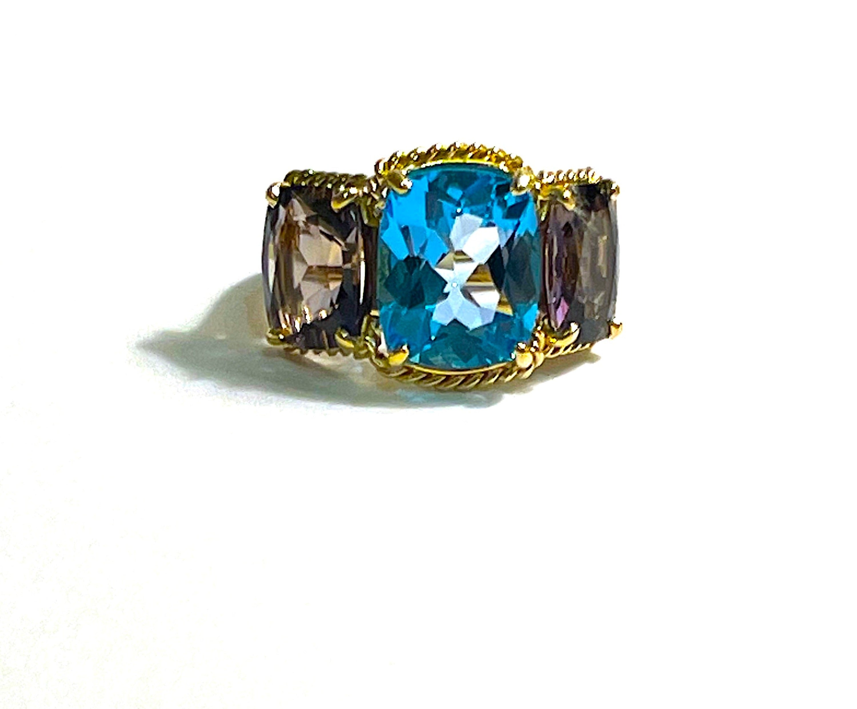 Blue Topaz and Iolite Three Stone Cushion Cut Ring