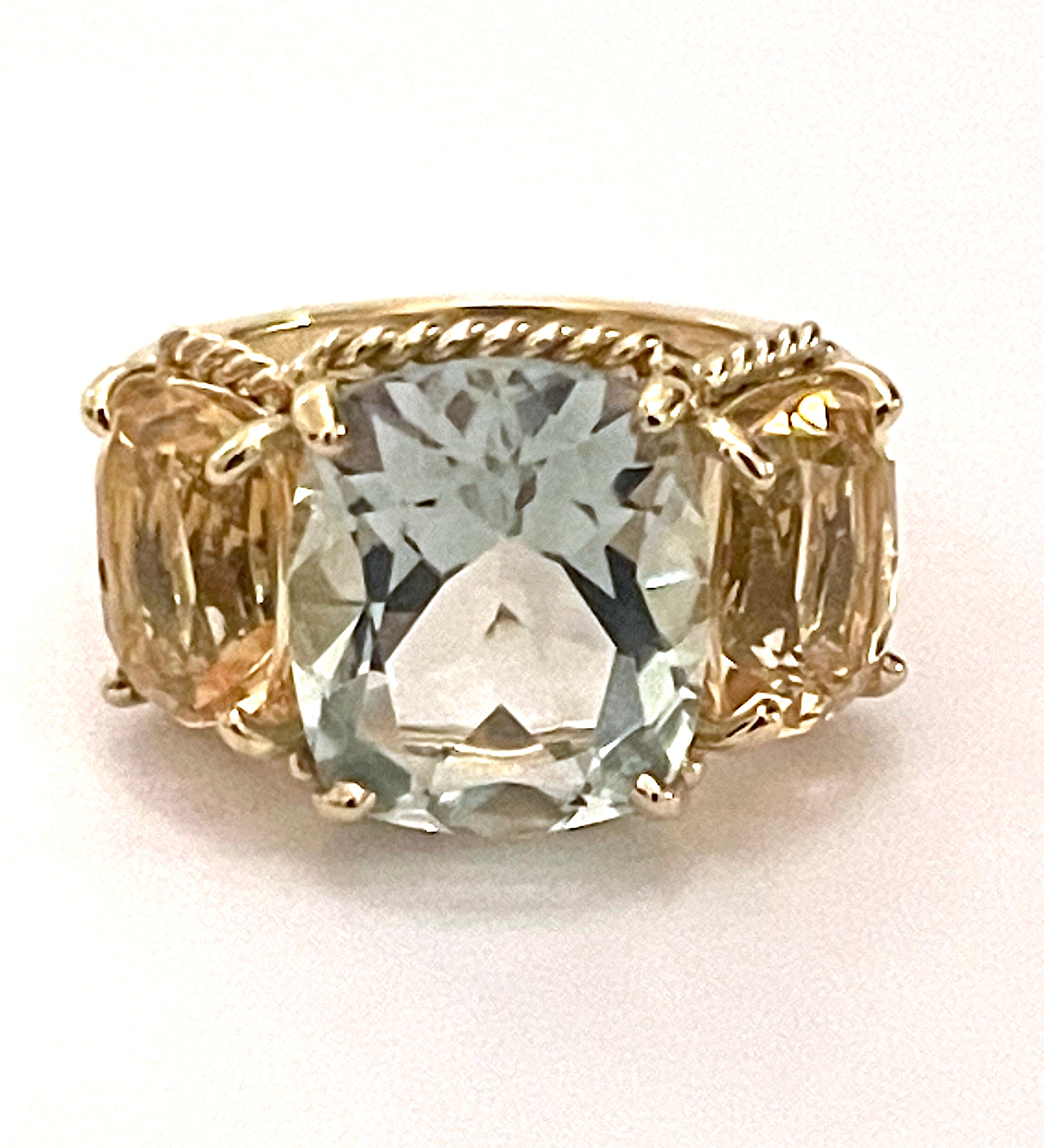 Mini Blue Topaz and Peridot Three Stone Ring with Rope Twist Border