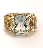 Mini Blue Topaz and Peridot Three Stone Ring with Rope Twist Border