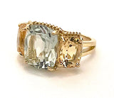 Mini Blue Topaz and Peridot Three Stone Ring with Rope Twist Border