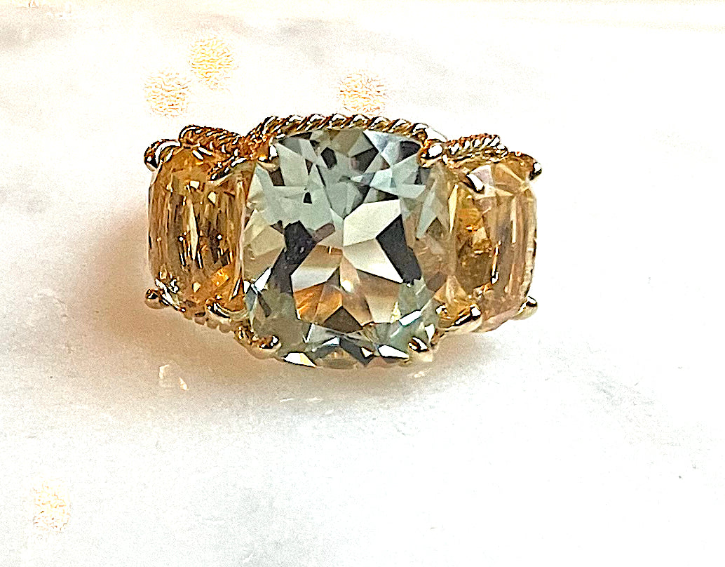 Mini Blue Topaz and Peridot Three Stone Ring with Rope Twist Border