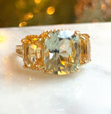 Mini Blue Topaz and Peridot Three Stone Ring with Rope Twist Border
