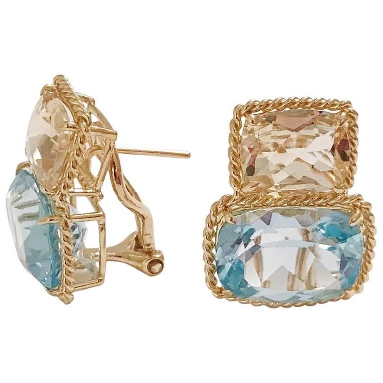 18kt Yellow Gold Blue Topaz and Rock Crystal Three Stone Ring with Rope Twist Border