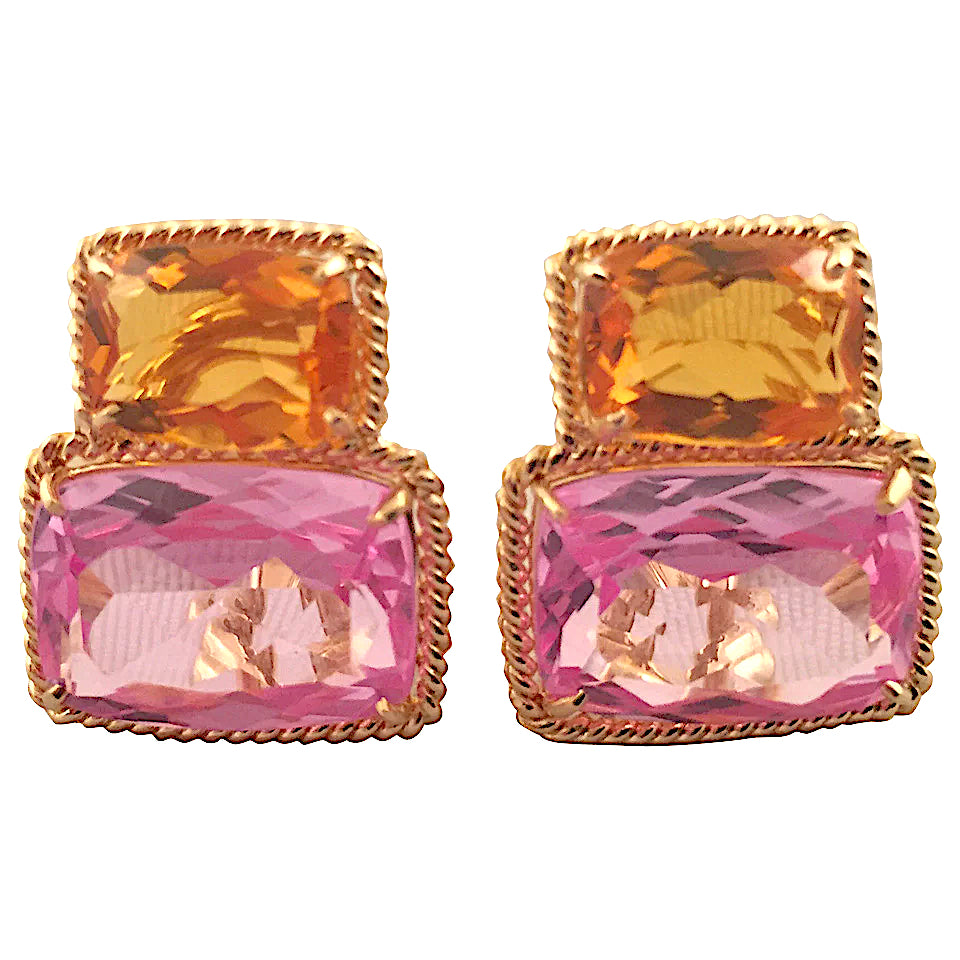 18kt Yellow Gold Light Pink Topaz & Deep Pink Topaz Cushion Cut Earrings with Twisted Rope Border