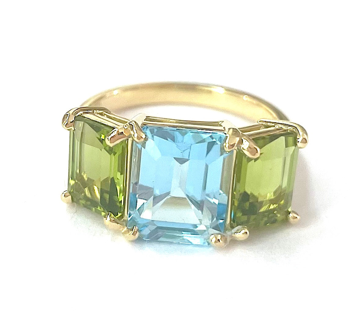 18kt Yellow Gold Cushion Cut Earring with Rope Twist Border with Blue Topaz and Green Quartz