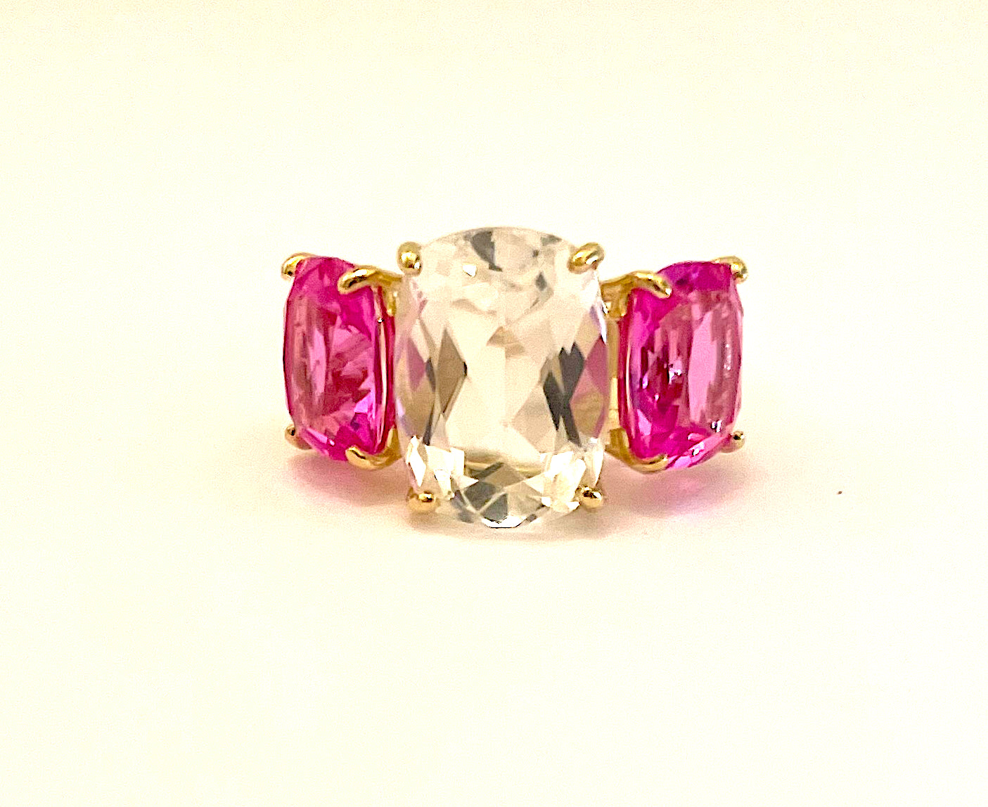 18kt Yellow Gold Blue Topaz and Rock Crystal Three Stone Ring with Rope Twist Border