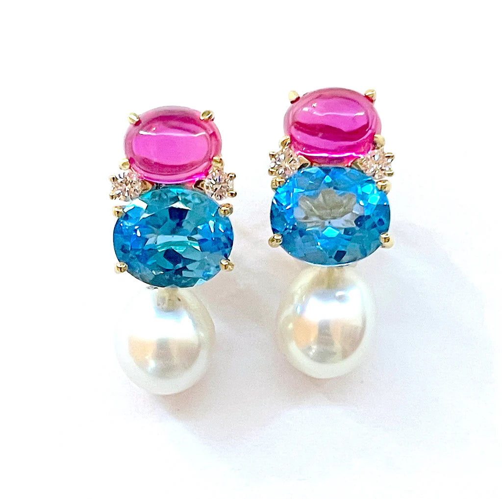 18Kt Yellow Gold Double Cushion Peridot and Blue Topaz Earrings