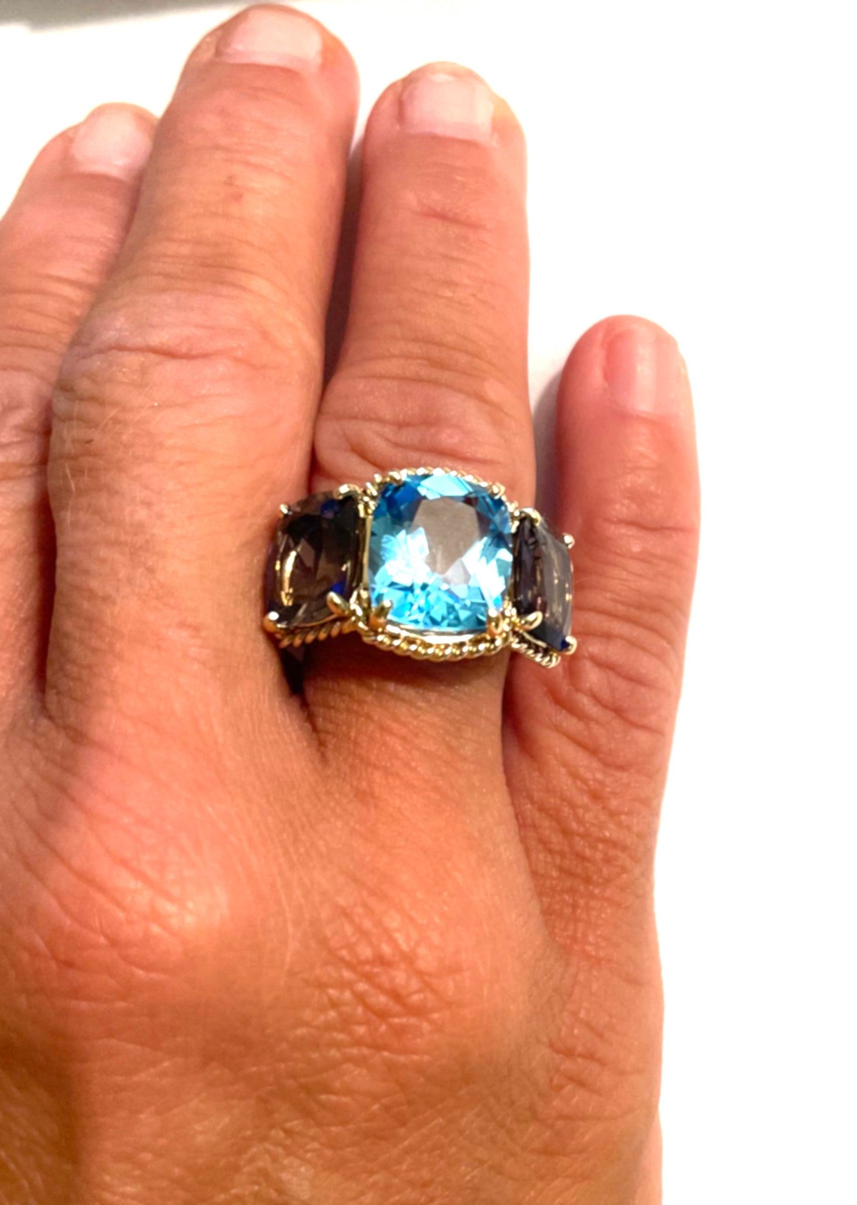 18kt Yellow Gold Blue Topaz and Rock Crystal Three Stone Ring with Rope Twist Border