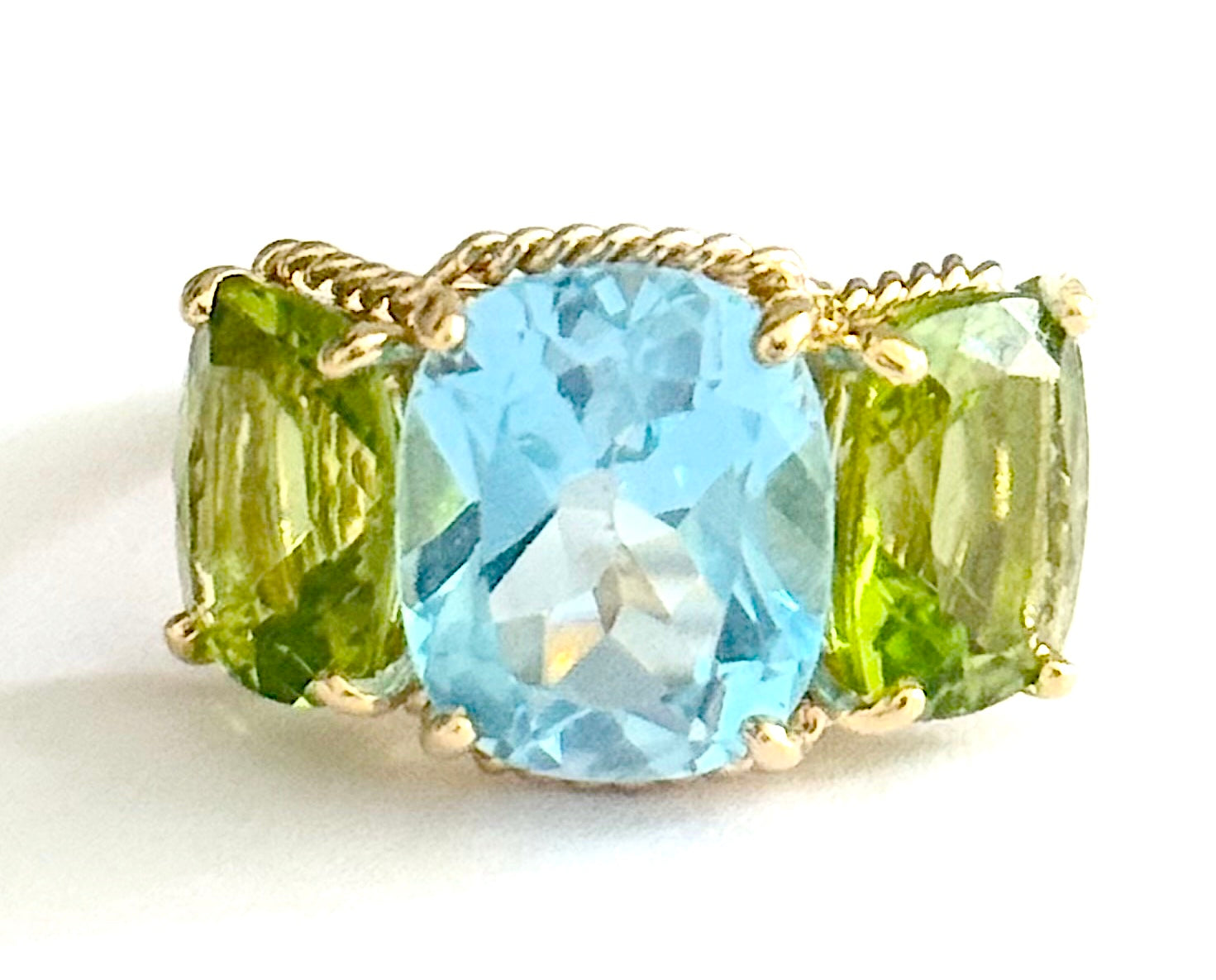 Mini Blue Topaz and Peridot Three Stone Ring with Rope Twist Border