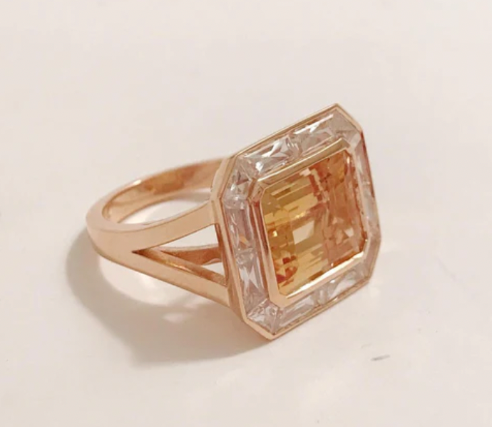 18kt Yellow Gold Mini Emerald Cut Ring with Blue Topaz and Peridot