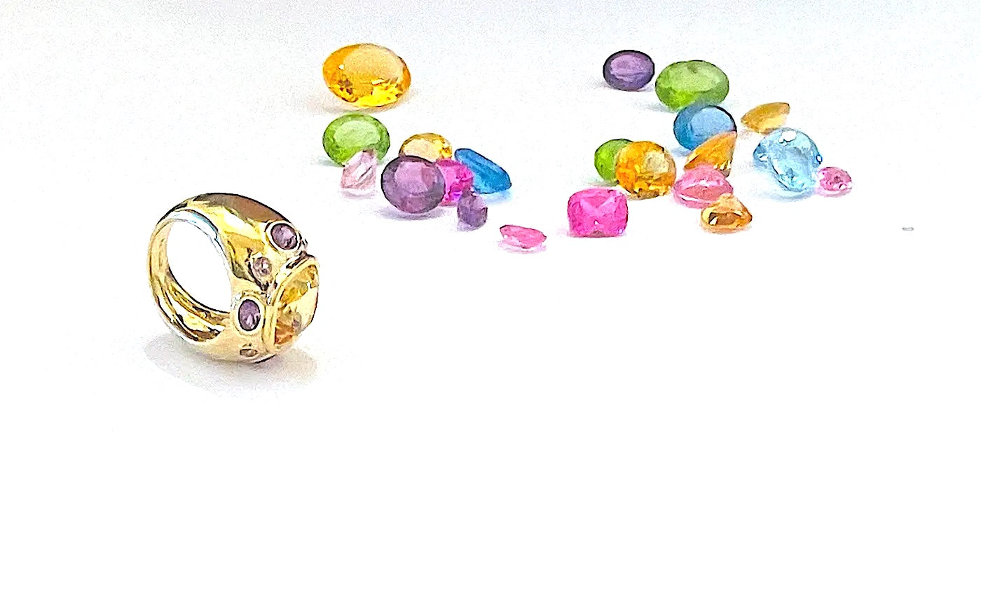 18kt Bonheur Ring with Green Amethyst, Amethyst and Blue Topaz