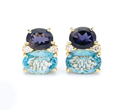 Large GUM DROP™ Earrings with Blue Topaz and Cabochon Smoky Topaz and Diamonds
