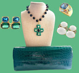 18kt Yellow Gold Cushion Cut Earring with Rope Twist Border with Blue Topaz and Green Quartz