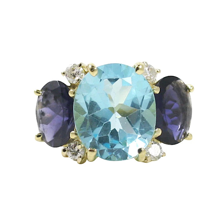 18kt Yellow Gold Mini Emerald Cut Ring with Blue Topaz and Peridot