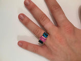 18kt Yellow Gold Mini Emerald Cut Ring with Pink Topaz and Blue Topaz