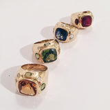 Bonheur Ring, Pink Topaz and Peridot and Diamond Yellow Gold Domed Ring