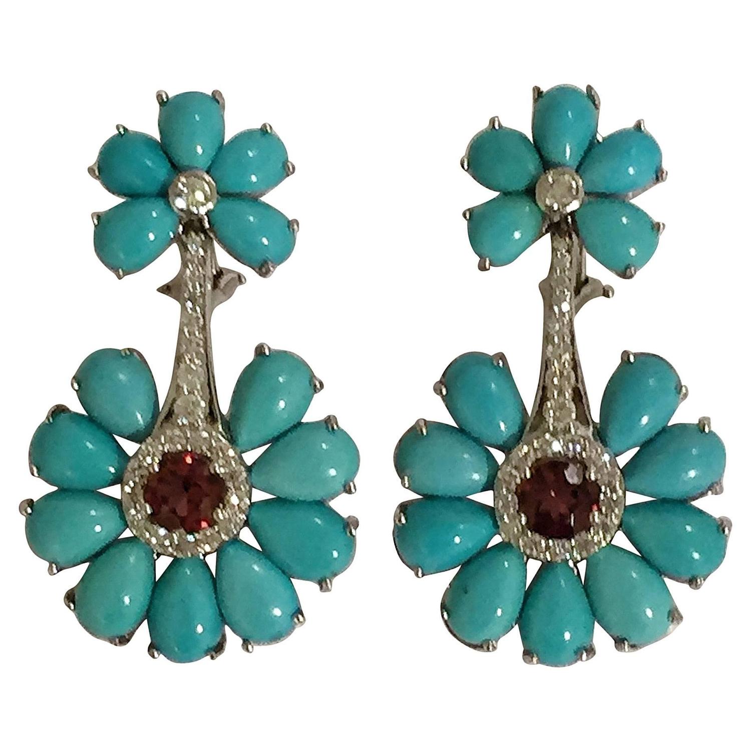 Yellow Gold Pear Drop Earring with White Jade and Bezel Set Turquoise Accent