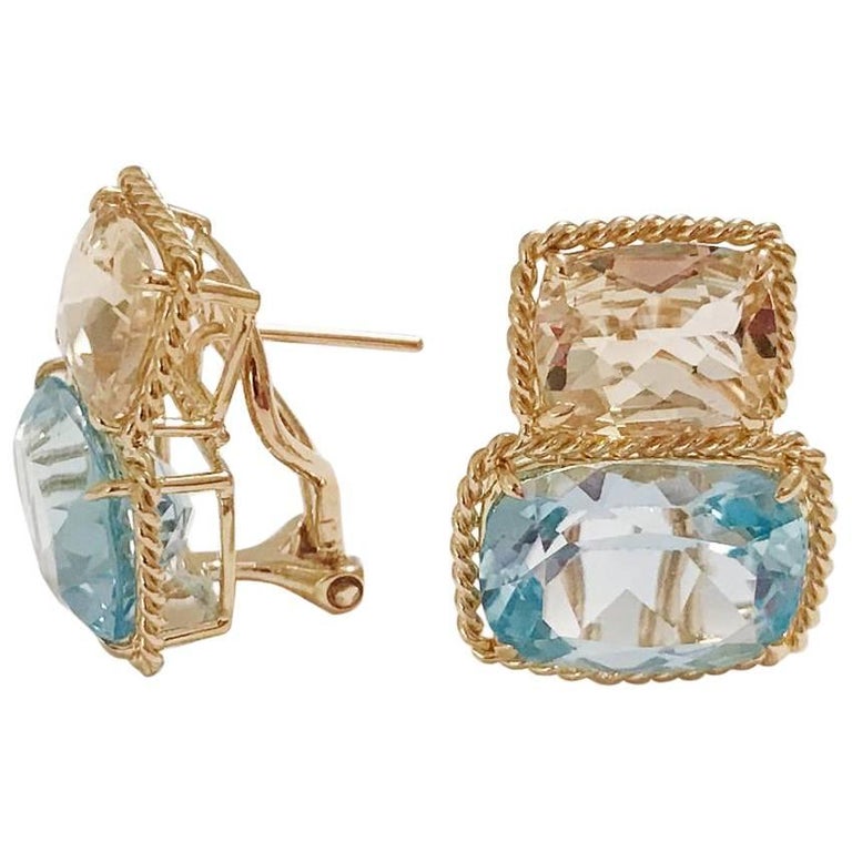 18kt Yellow Gold Medium Cushion Cut Earring with Rope Twist Border with Blue Topaz and Pink Topaz
