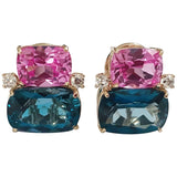 18Kt Yellow Gold Double Cushion Peridot and Blue Topaz Earrings