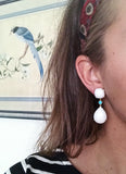 Yellow Gold Pear Drop Earring with White Jade and Bezel Set Turquoise Accent