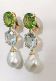 Three-Stone Drop Earring with Peridot Aquamarine South Sea Pearl
