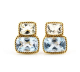 Yellow Gold Green Blue Topaz Cushion Earrings with Twisted Rope Border