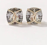 Green Amethyst Cushion Stud Earring with Yellow Gold Wire Wrap