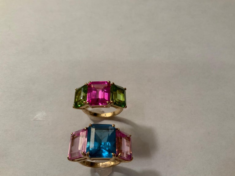18kt Yellow Gold Mini Emerald Cut Ring with Blue Topaz and Peridot