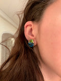 Double Cushion Pink and Blue Topaz Stone Diamond Yellow Gold Earrings