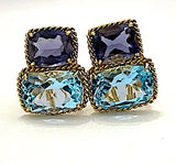 18kt Yellow Gold Medium Cushion Cut Earring with Rope Twist Border with Iolite and Blue Topaz