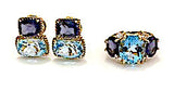 18kt Yellow Gold Medium Cushion Cut Earring with Rope Twist Border with Iolite and Blue Topaz