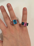 18kt Yellow Gold Emerald Cut Ring with Pale Pink Topaz and Blue Topaz