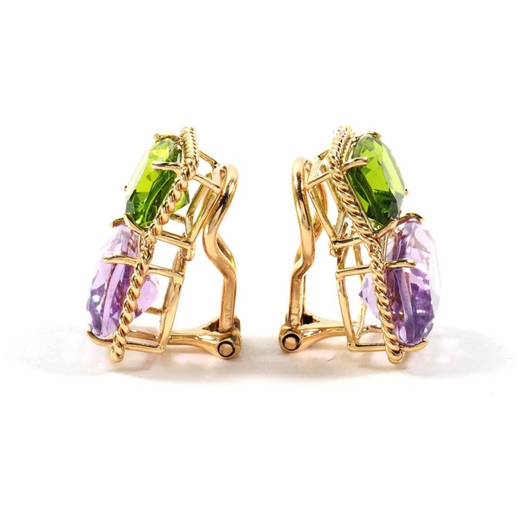 18kt Yellow Gold Cushion Cut Earring with Rope Twist Border with Blue Topaz and Green Quartz