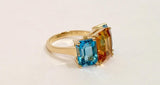 18kt Yellow Gold Mini Emerald Cut Ring with Pink Topaz and Blue Topaz