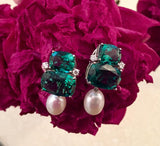 Double Cushion Green Quartz Earrings with Detachable Pearls