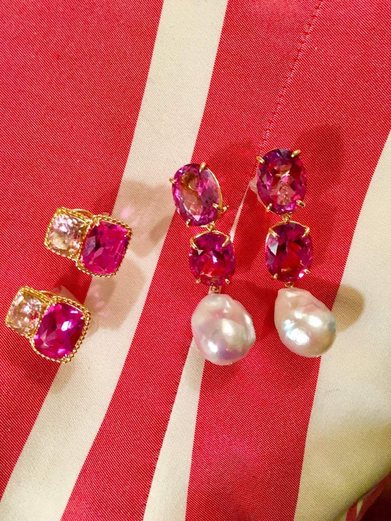 Yellow Gold Green Blue Topaz Cushion Earrings with Twisted Rope Border