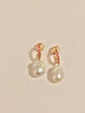 18kt Yellow Gold Pink Topaz Hoop with Dangling Baroque Pearl with Diamond Accent