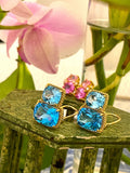 18kt Yellow Gold Medium Cushion Cut Earring with Rope Twist Border with Iolite and Blue Topaz