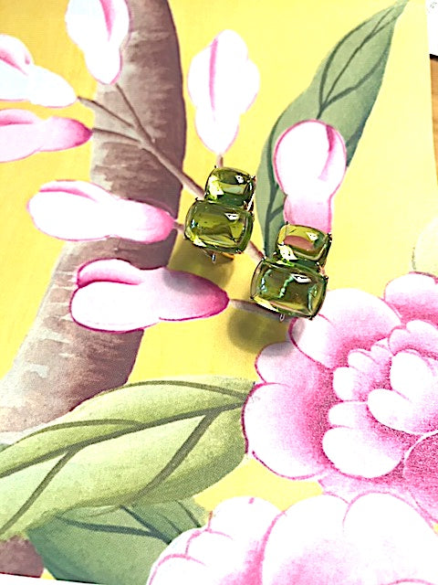 18kt Yellow Gold Cushion Cut Earring with Rope Twist Border with Blue Topaz and Green Quartz