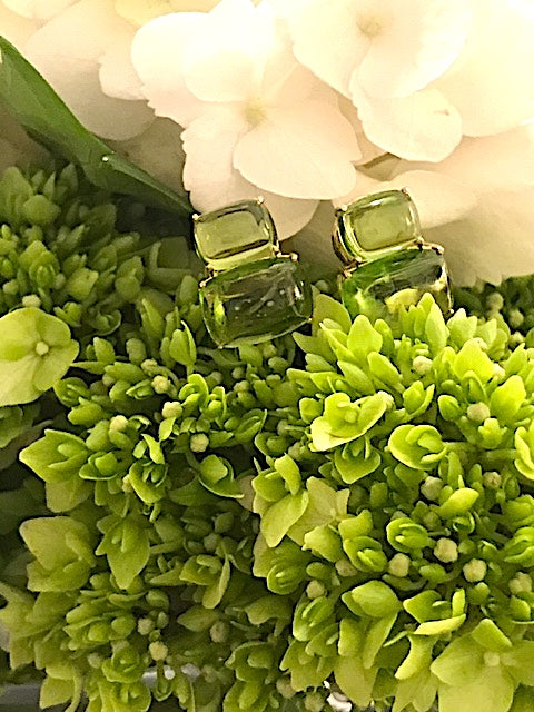 18kt Yellow Gold Medium Double Cushion Cut Earring with Rope Twist Border with Kunzite and Green Amethyst