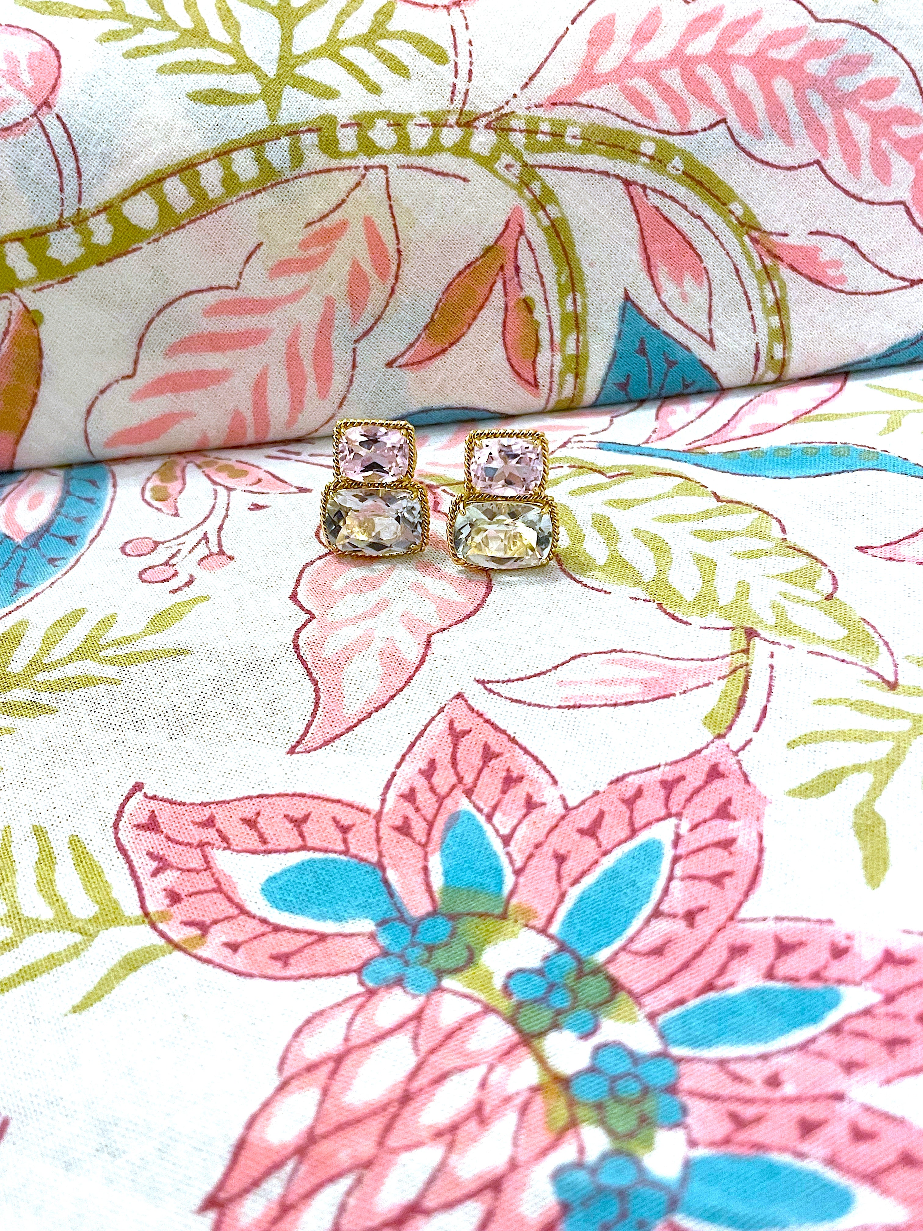 18kt Yellow Gold Medium Double Cushion Cut Earring with Rope Twist Border with Kunzite and Green Amethyst