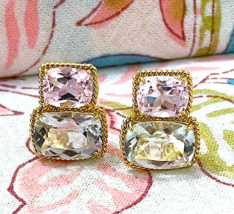 18kt Yellow Gold Medium Double Cushion Cut Earring with Rope Twist Border with Kunzite and Green Amethyst